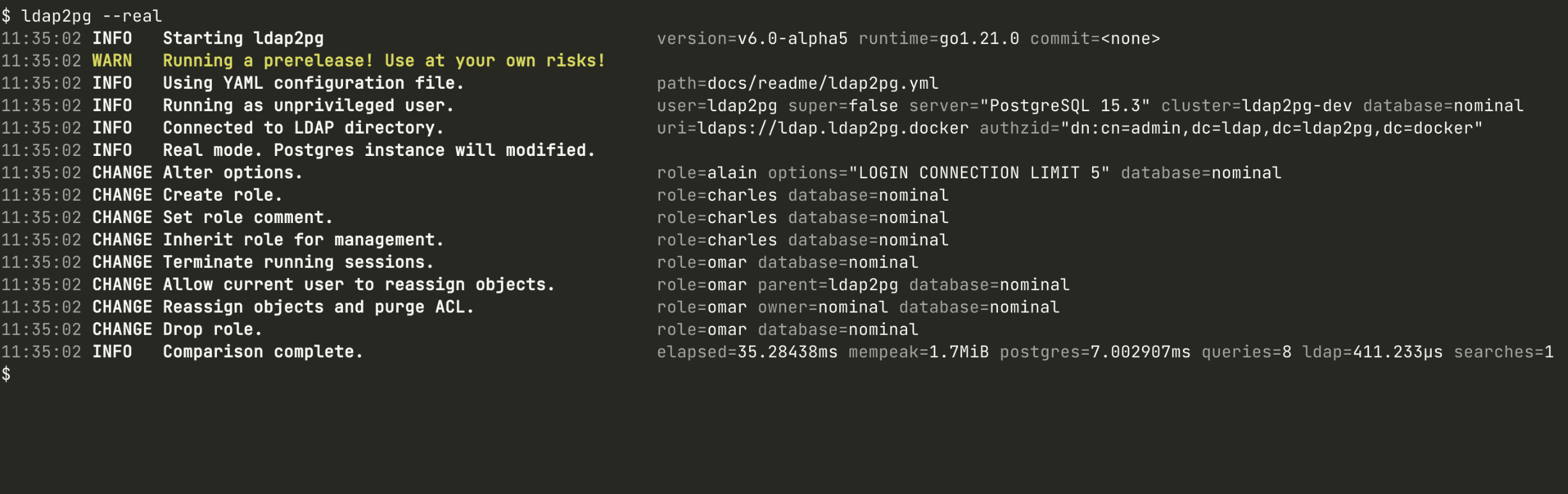 Screenshot of ldap2pg running.
